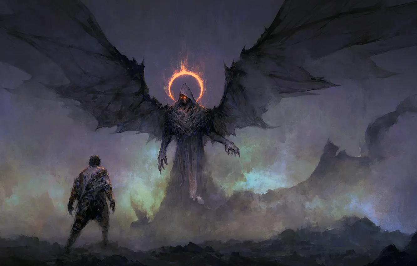 Photo wallpaper dark, fantasy, wings, red eyes, man, digital art, artwork, dark angel