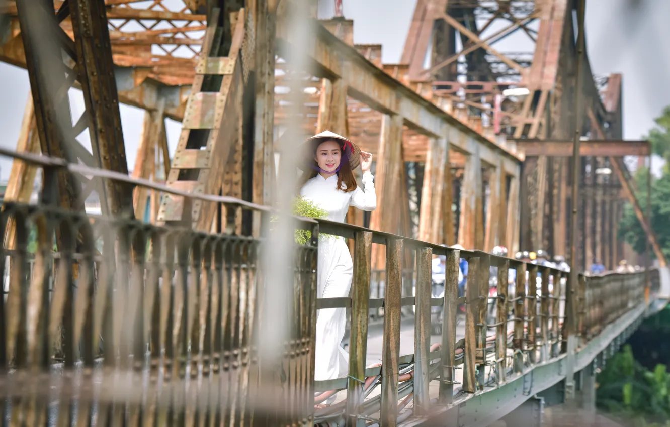 Photo wallpaper girl, bridge, walk, Asian