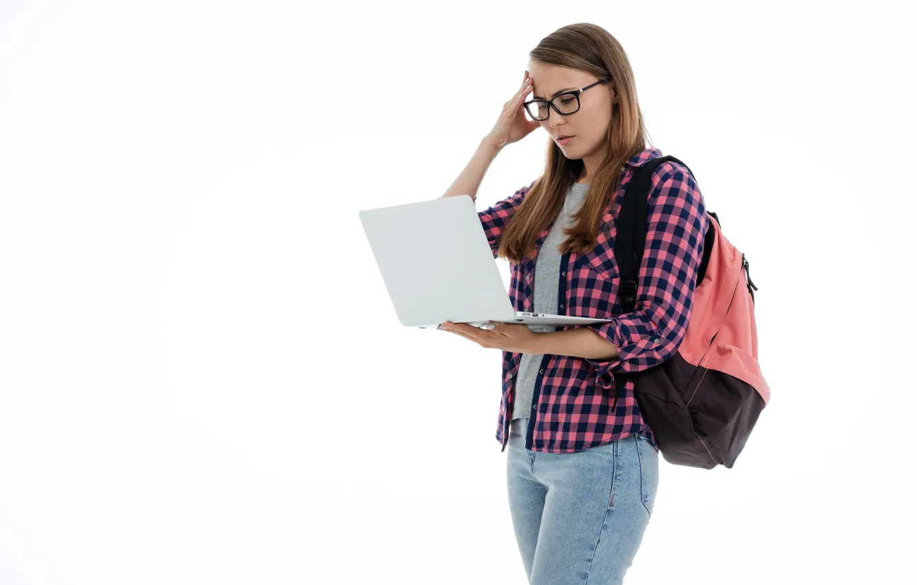 Photo wallpaper girl, jeans, glasses, laptop, shirt, backpack, student