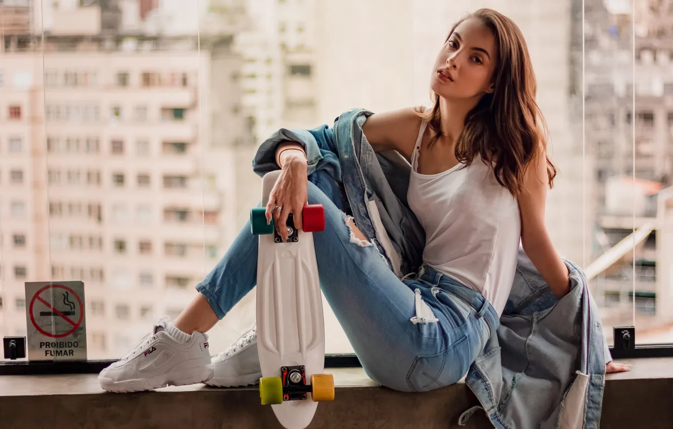 Photo wallpaper girl, model, pretty, jeans, skateboard, long-haired, sneakers, tank top