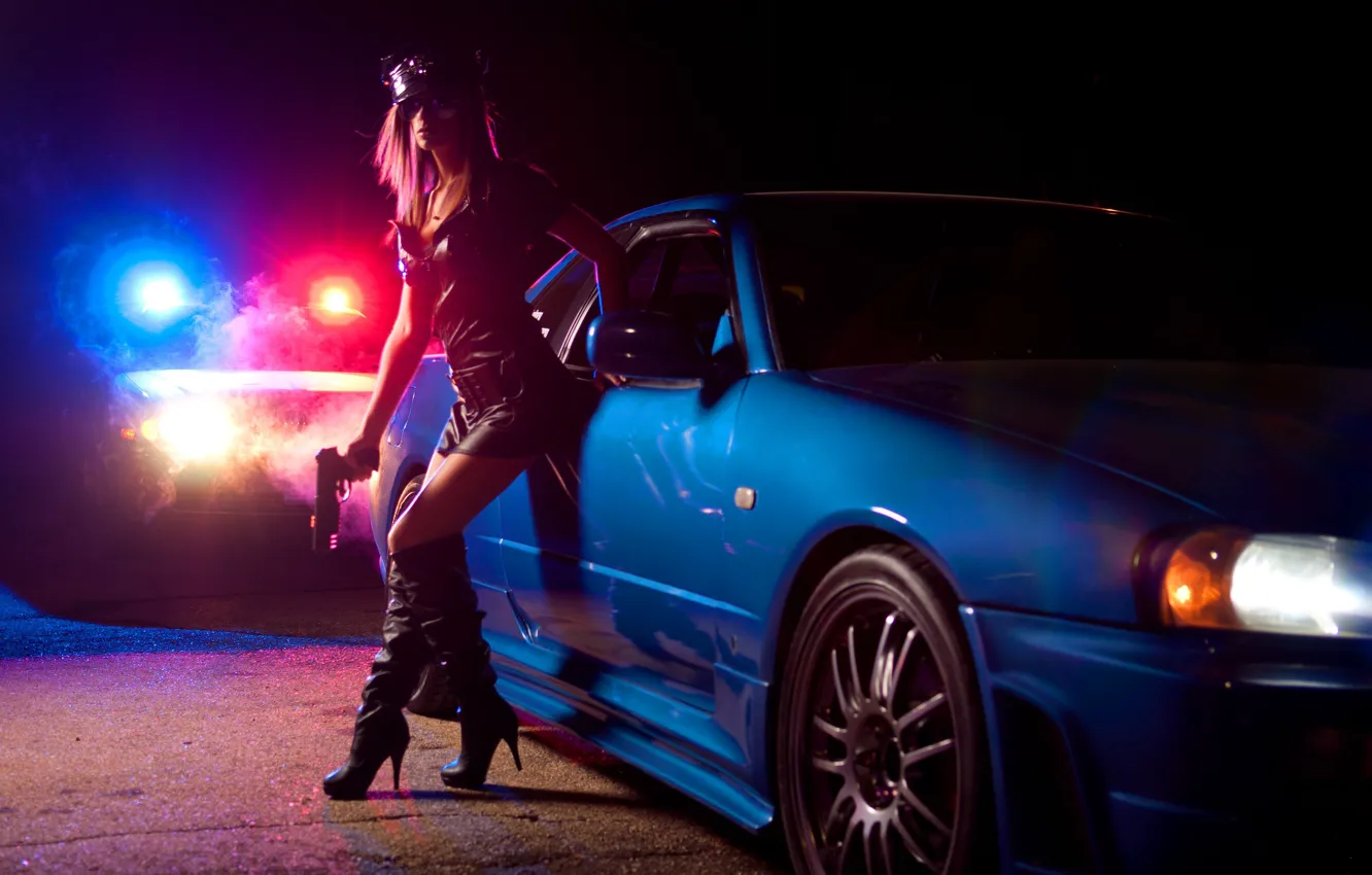 Photo wallpaper girl, Nissan, police