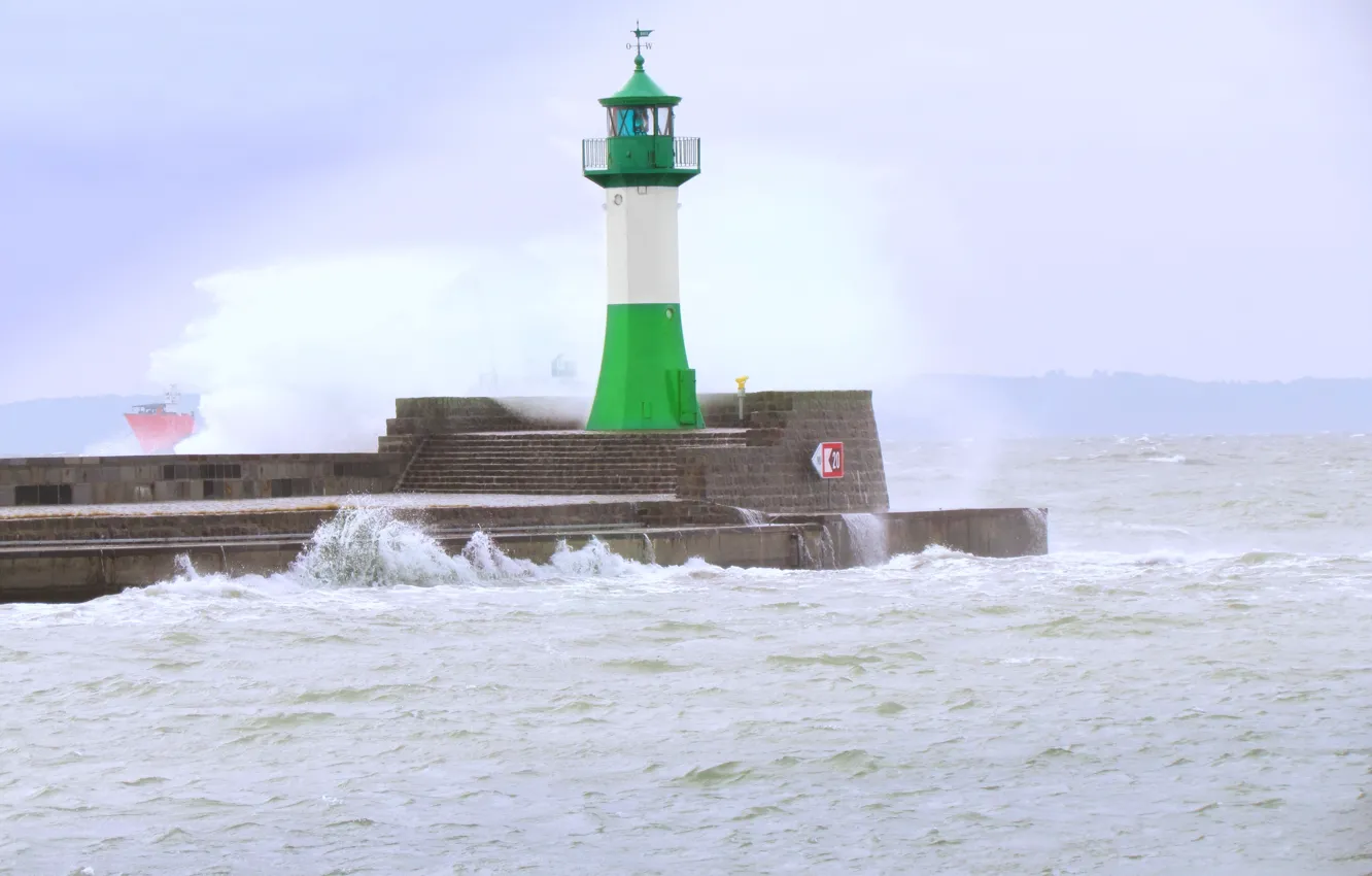 Photo wallpaper wave, landscape, squirt, storm, lighthouse, sea