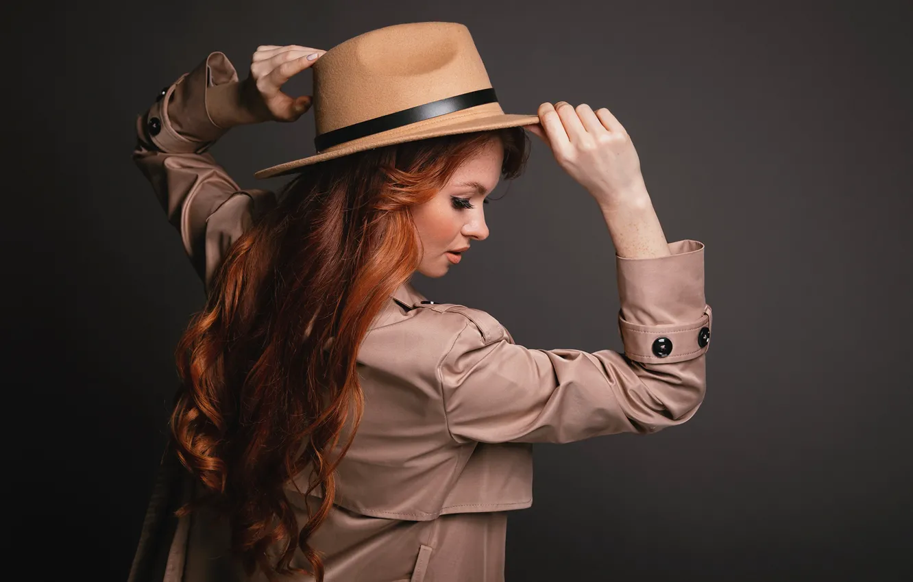 Photo wallpaper girl, pose, hat, red, cloak, curls, Natalia Vetoshkina