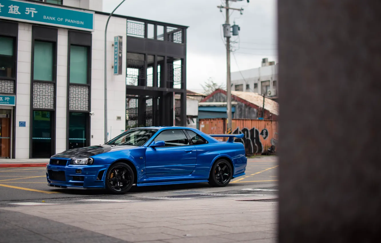 Photo wallpaper Nissan, GT-R, Blue, Skyline, R34, NISMO