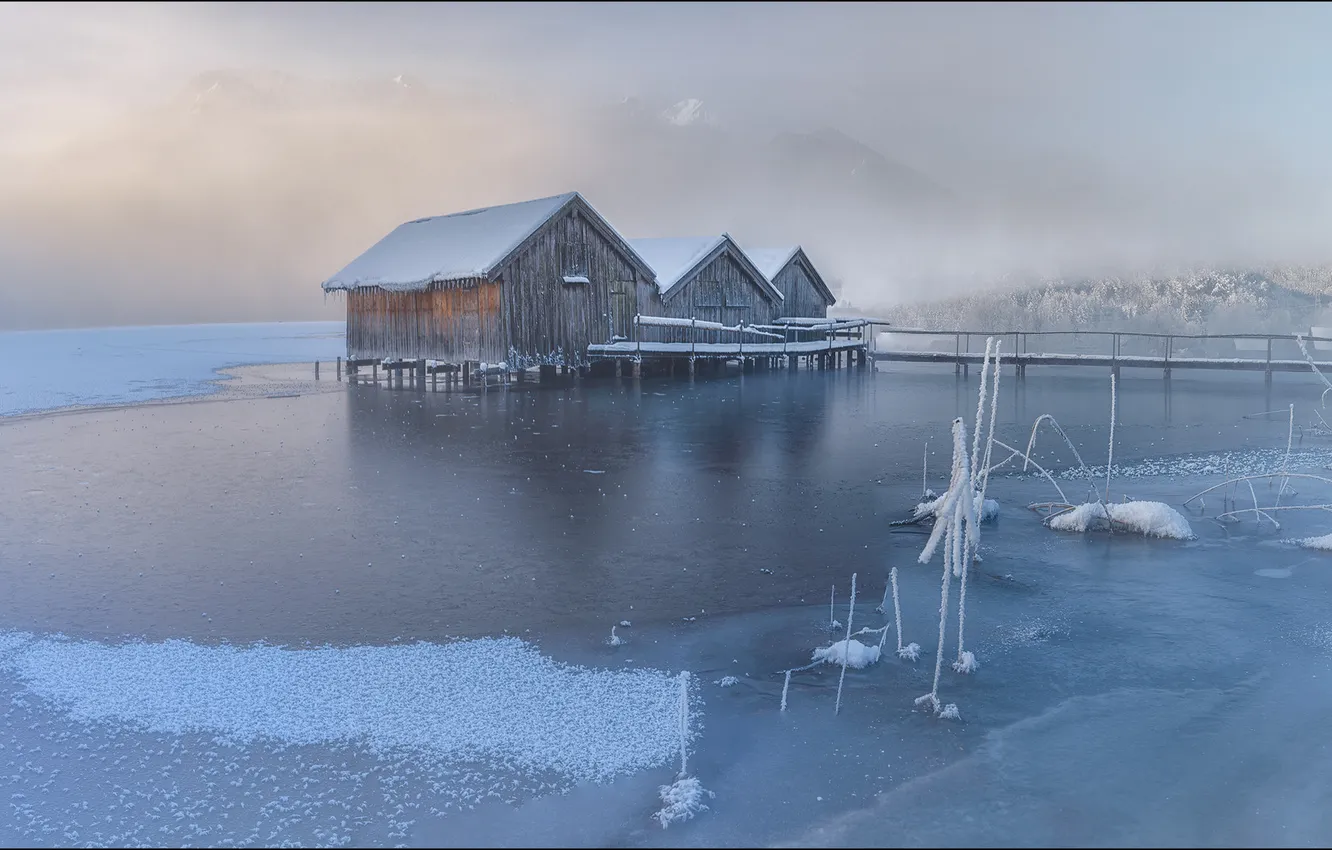 Photo wallpaper ice, winter, snow, landscape, nature, lake, house