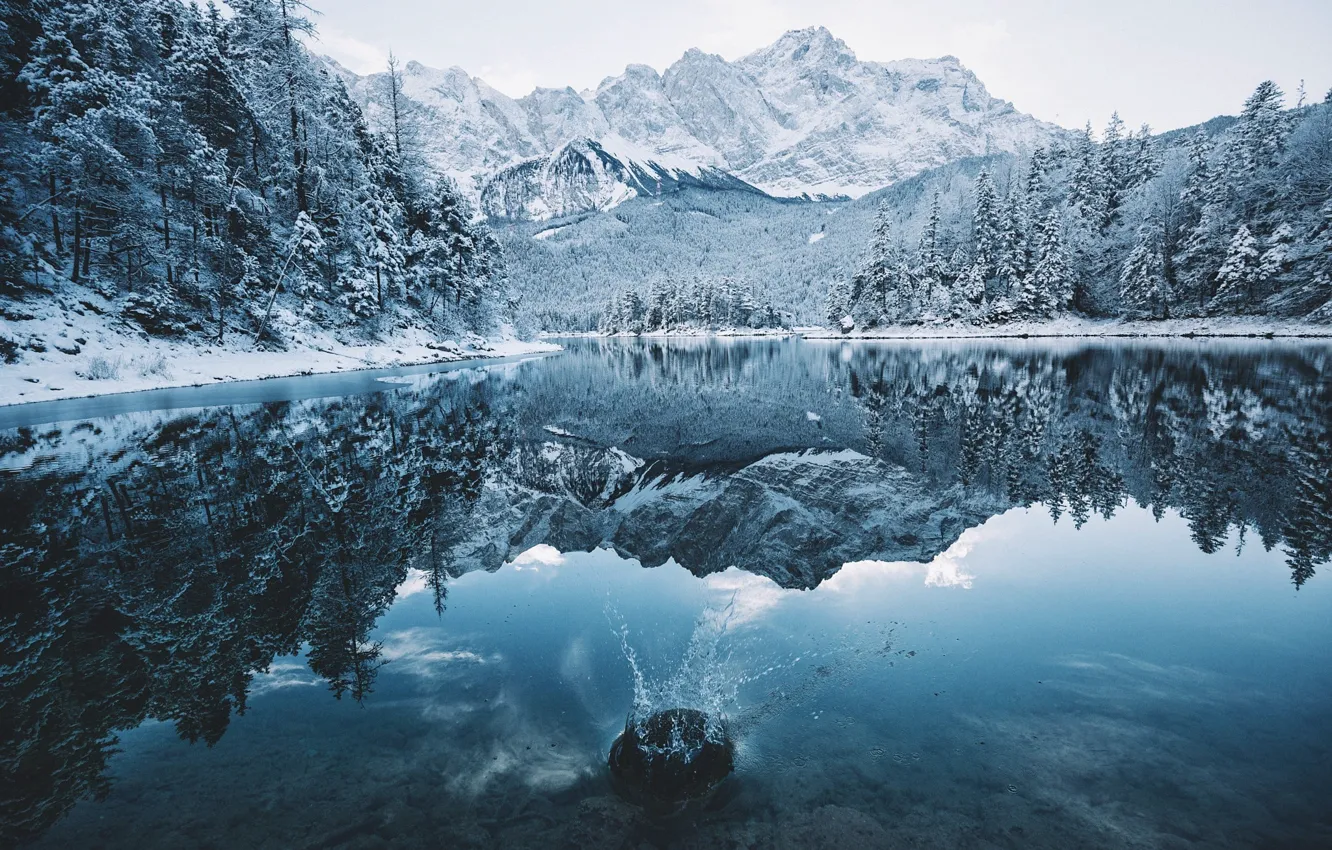 Photo wallpaper winter, forest, snow, mountains, nature, lake, splash