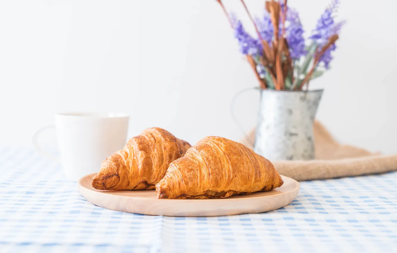 Photo wallpaper flowers, Cup, croissant