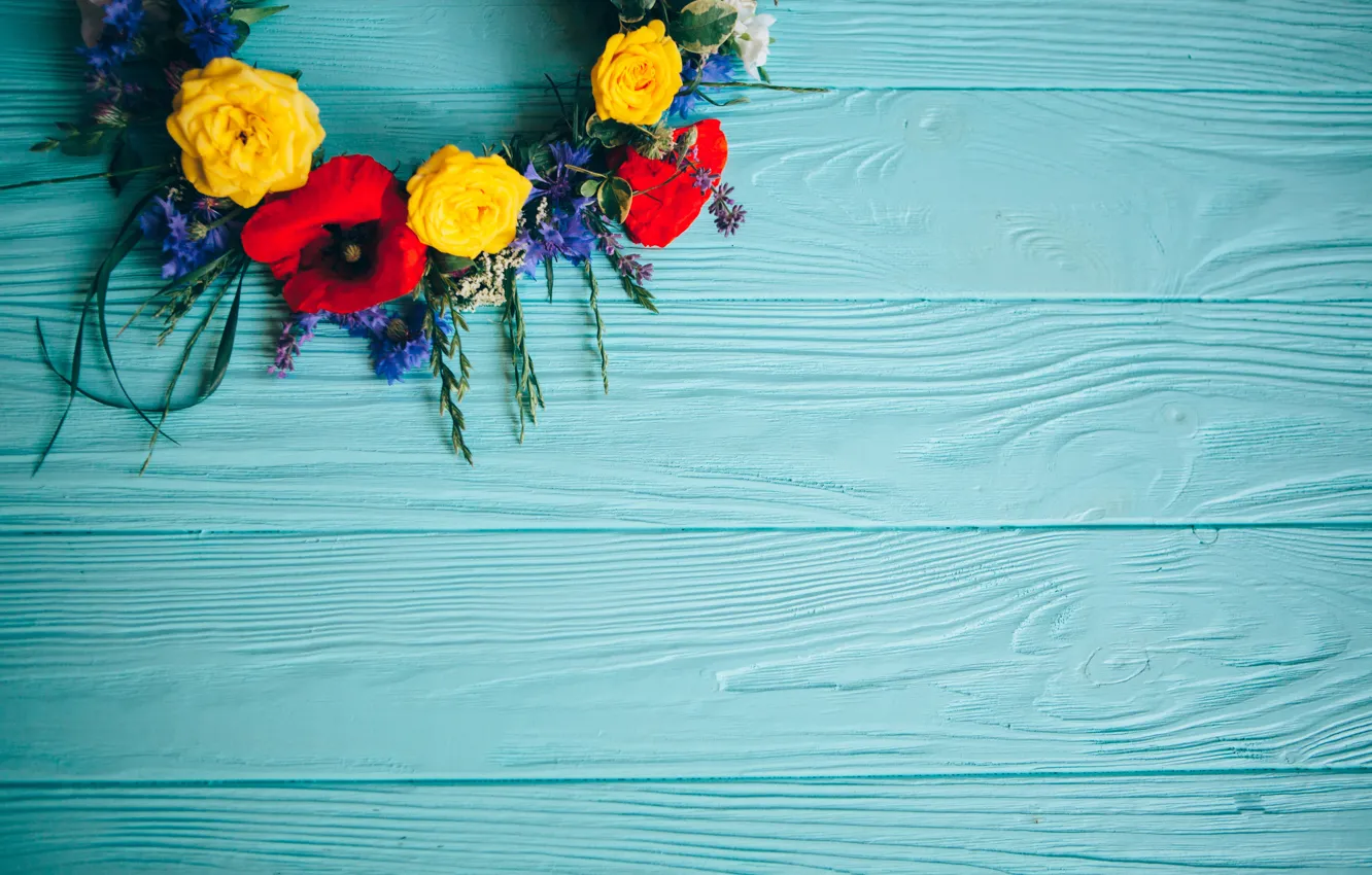 Photo wallpaper flowers, yellow, Maki, roses, colorful, summer, wreath, wood