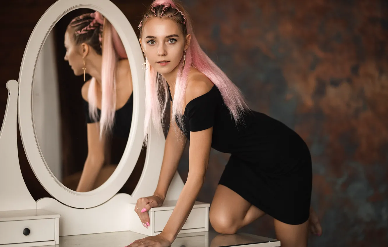 Photo wallpaper look, girl, pose, dress, mirror, hairstyle, shoulders, Vladimir Vasiliev