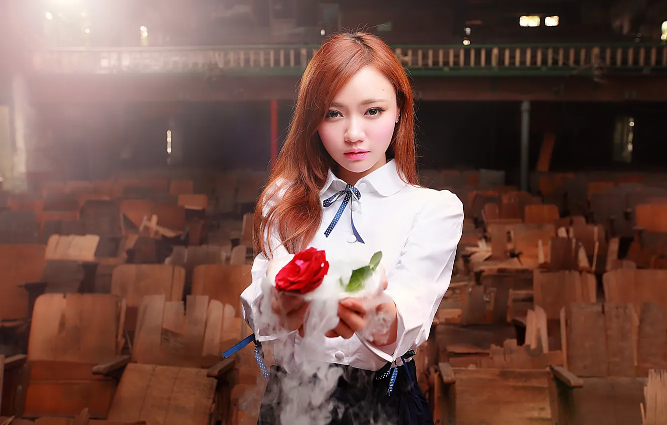 Photo wallpaper smoke, rose, focus, Oriental girl