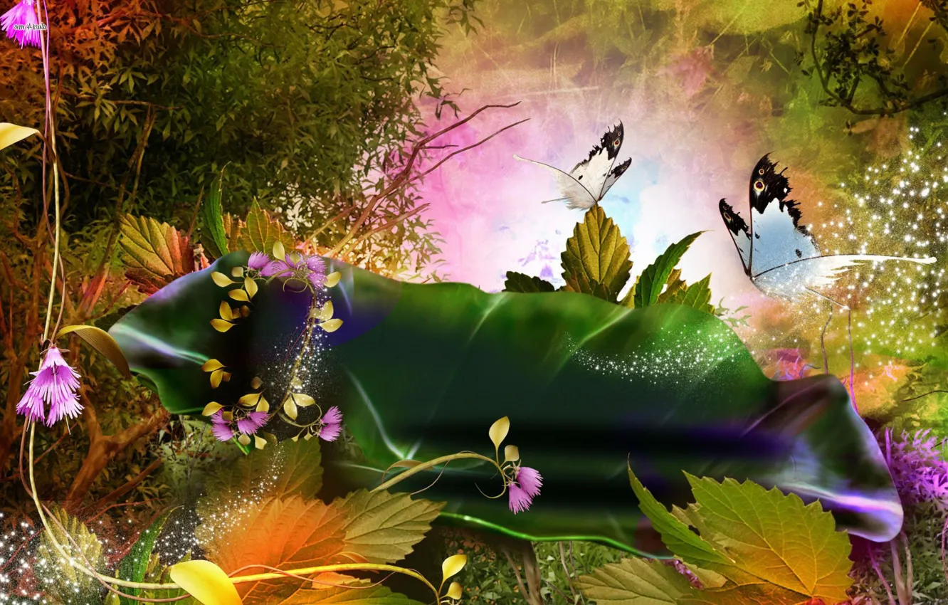 Photo wallpaper leaves, butterfly, flowers, abstraction, pollen, summer fantasy