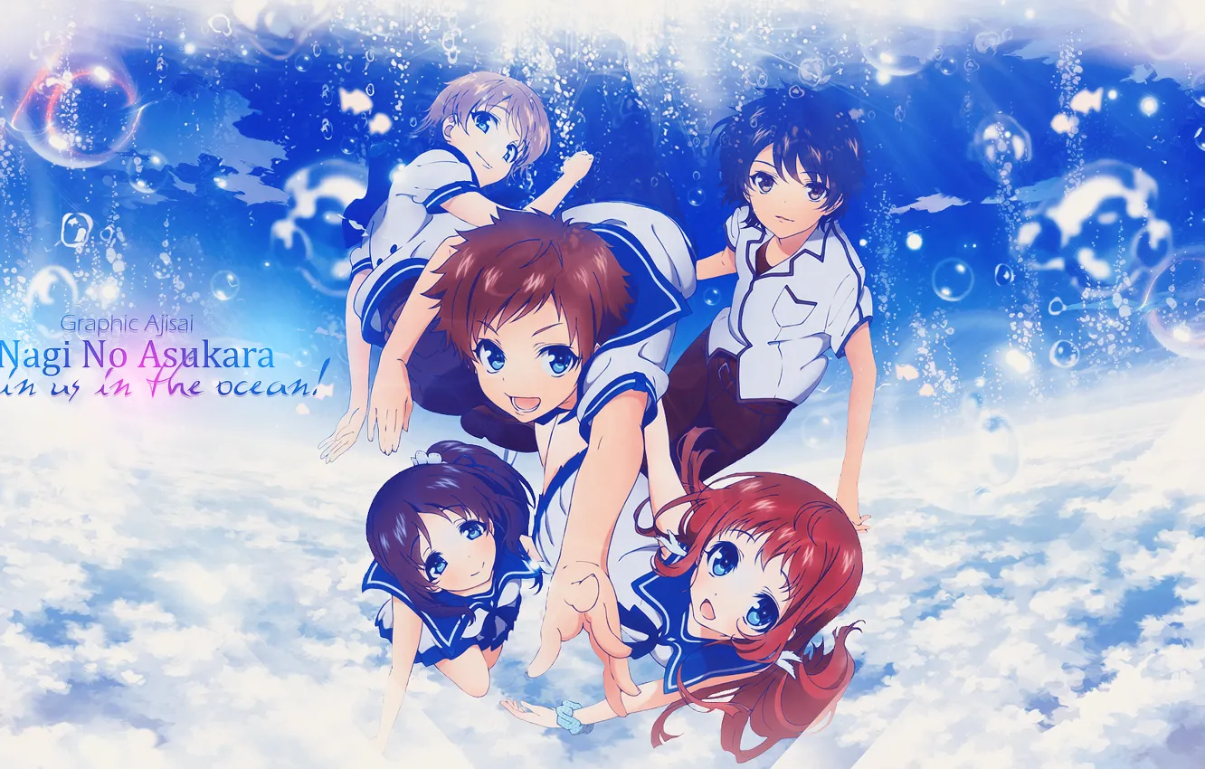 Photo wallpaper water, girl, clouds, bubbles, the ocean, anime, guy, school uniform