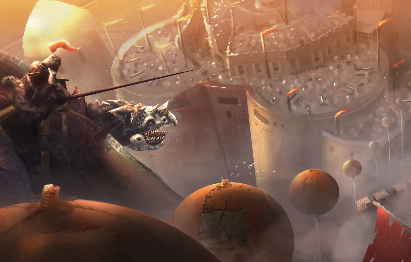 Photo wallpaper flight, the city, dragon, people, height, art, rider