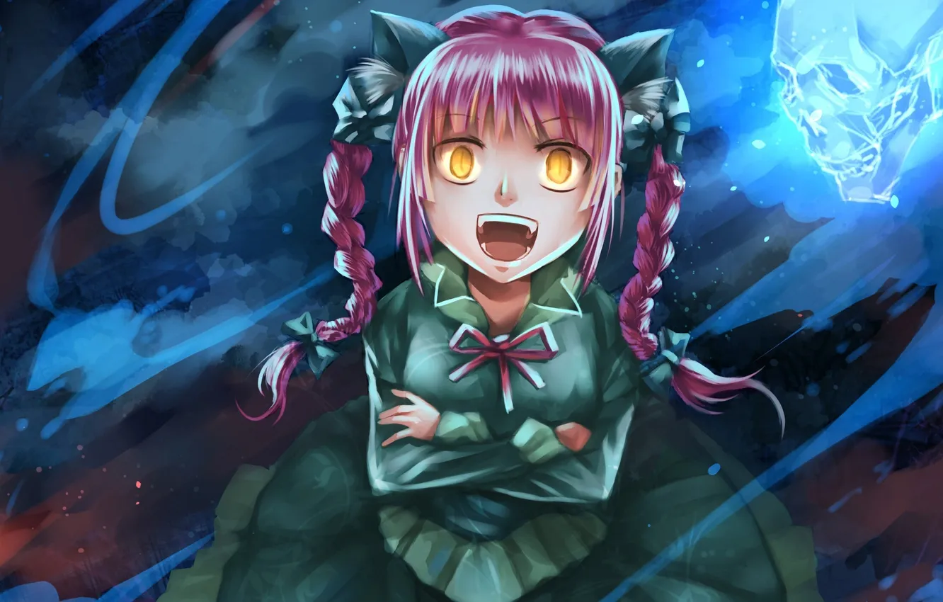 Photo wallpaper girl, skull, art, braids, bow, ears, touhou, kaenbyou rin