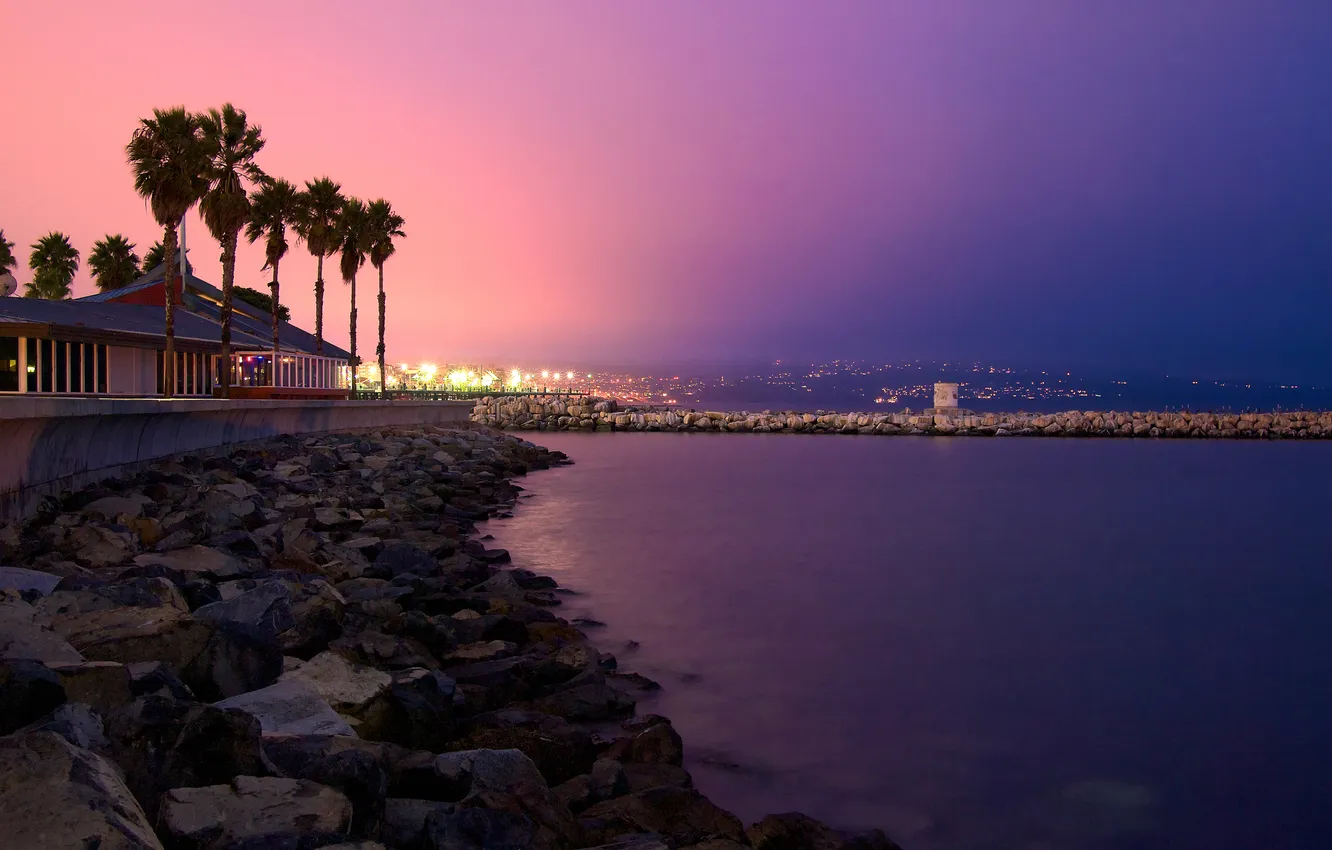 Photo wallpaper sunset, the city, palm trees, coast, california