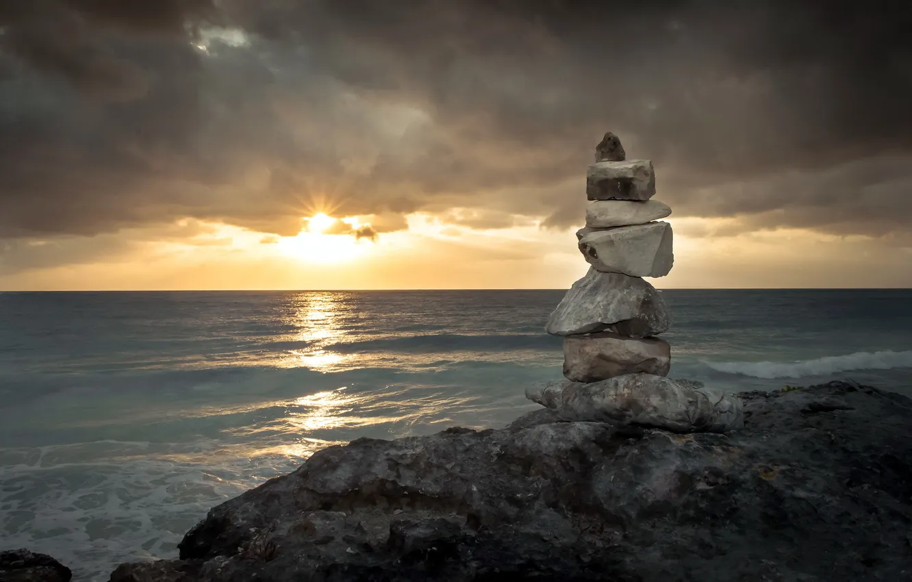 Photo wallpaper sea, landscape, sunset, stones