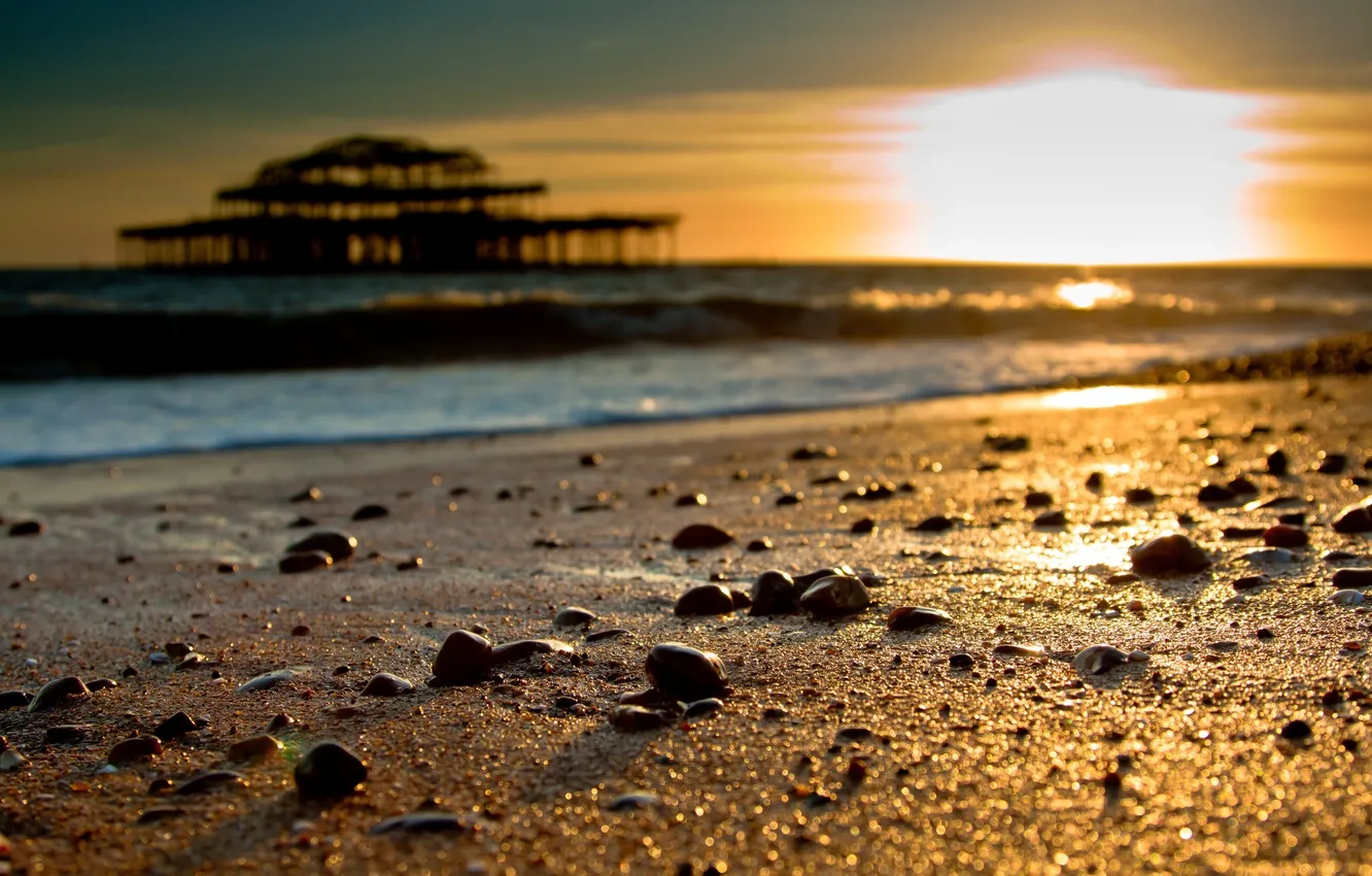 Photo wallpaper sand, sea, beach, the sun, macro, stones, blur, focus