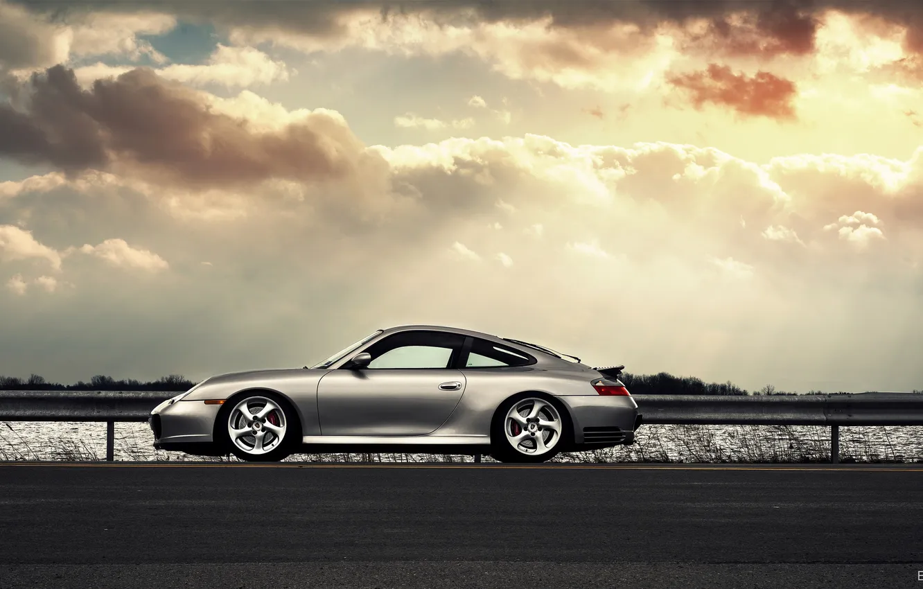 Photo wallpaper the sun, glare, 911, Porsche, silver, Porsche, silvery, profile