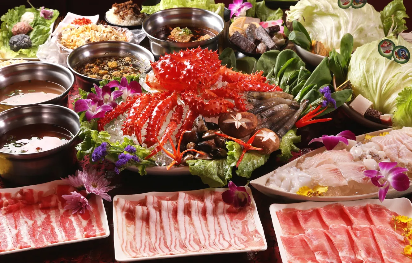 Photo wallpaper flowers, mushrooms, crab, soup, bacon, salad, shrimp, seafood