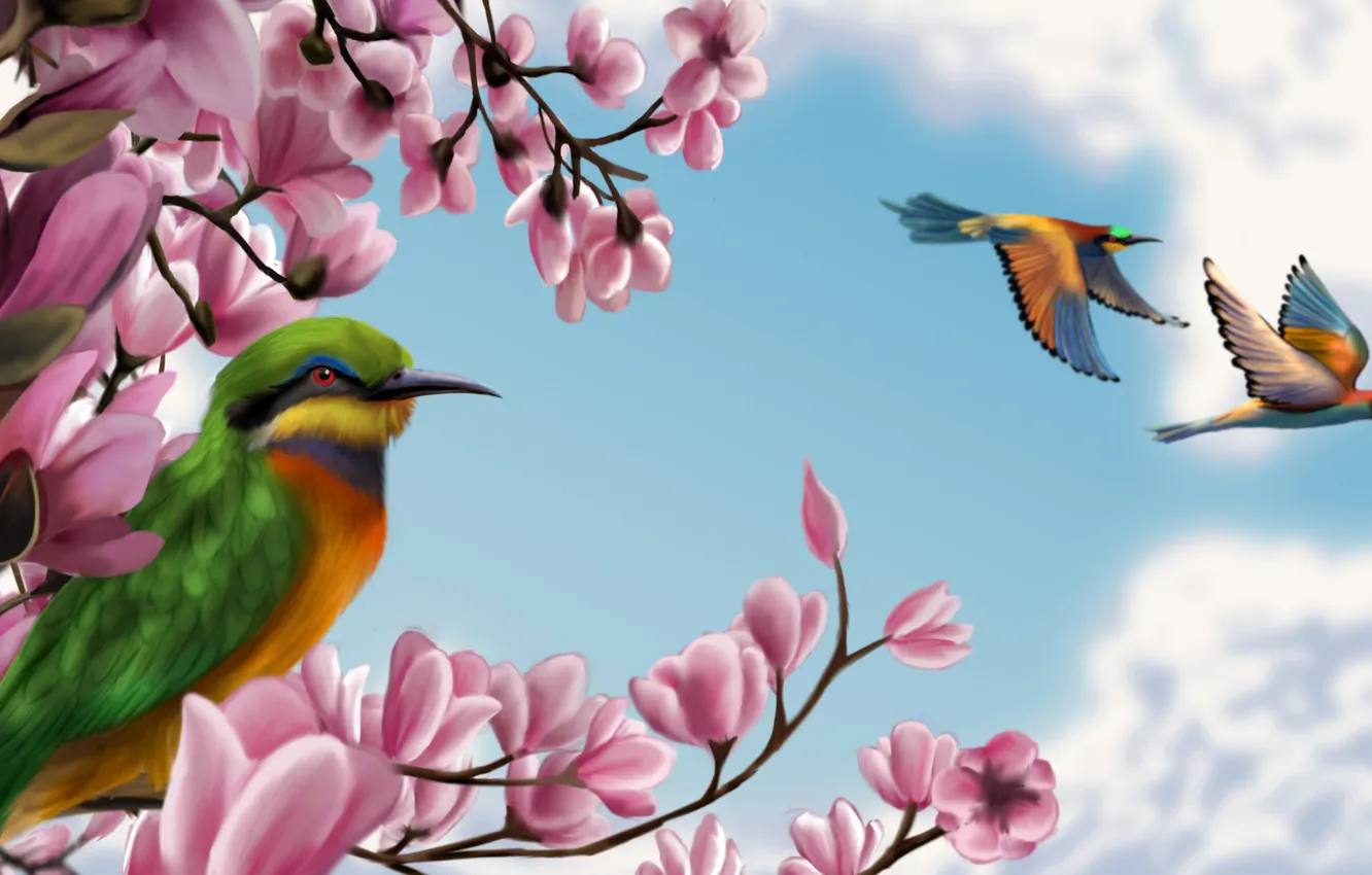 Photo wallpaper the sky, clouds, trees, bird, beak, art, flowers, painting