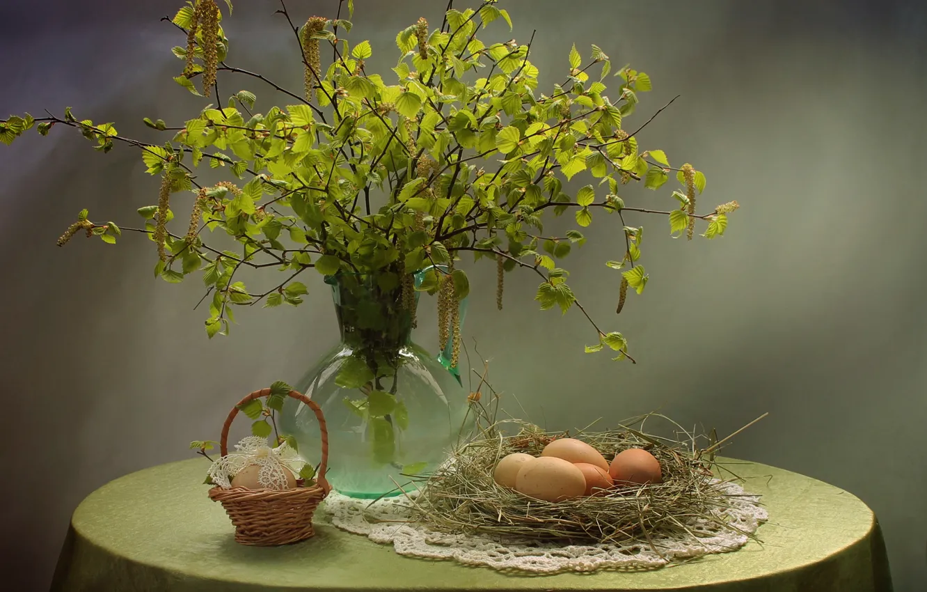 Photo wallpaper eggs, birch, earrings