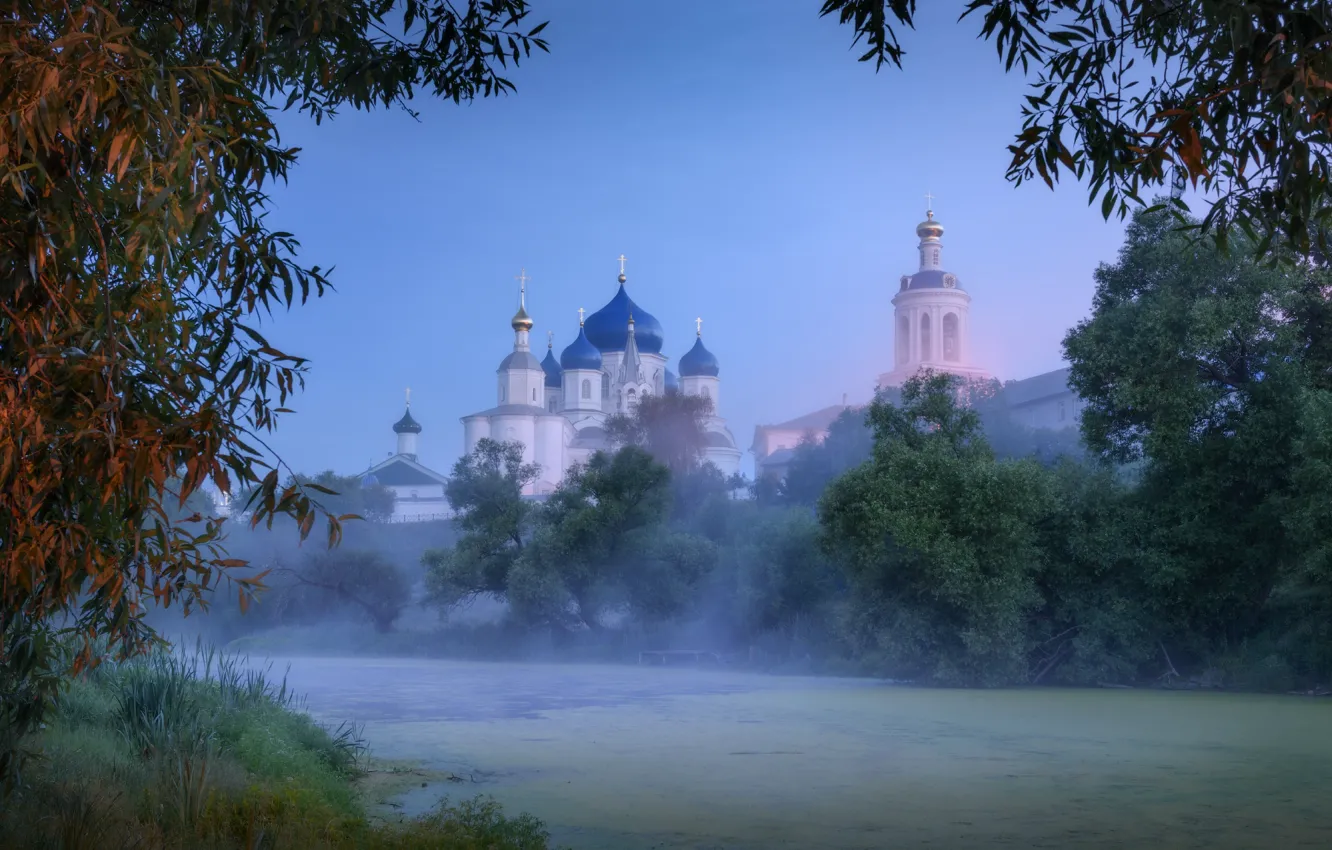Photo wallpaper landscape, nature, fog, temple, the dome, the monastery, river, Bogolyubovo