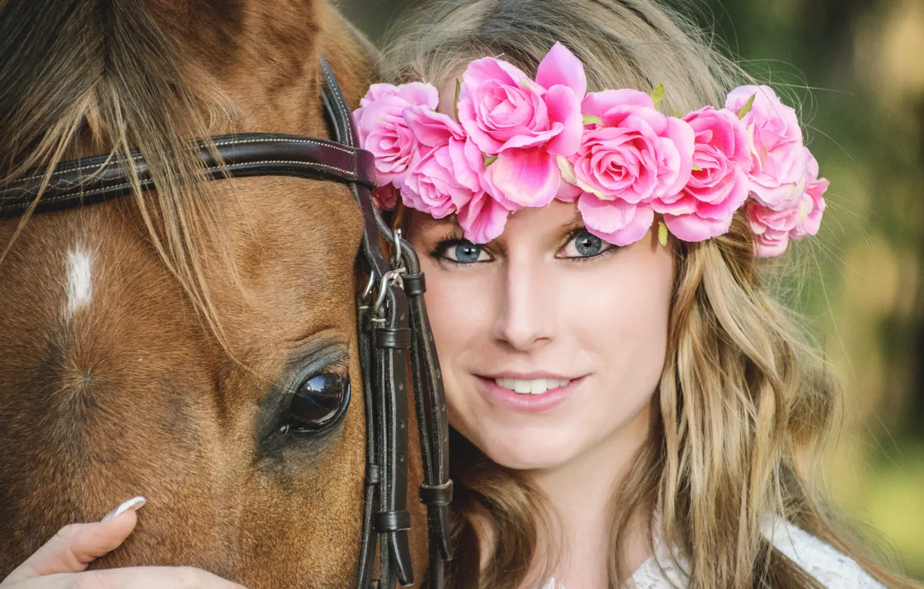 Photo wallpaper look, girl, flowers, face, smile, mood, horse, horse