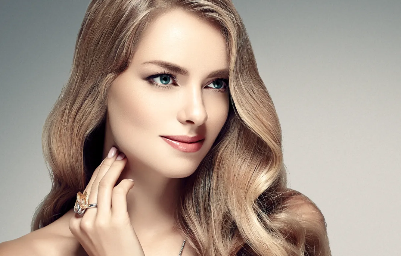 Photo wallpaper girl, face, portrait, hands, makeup, ring, hairstyle, blue eyes