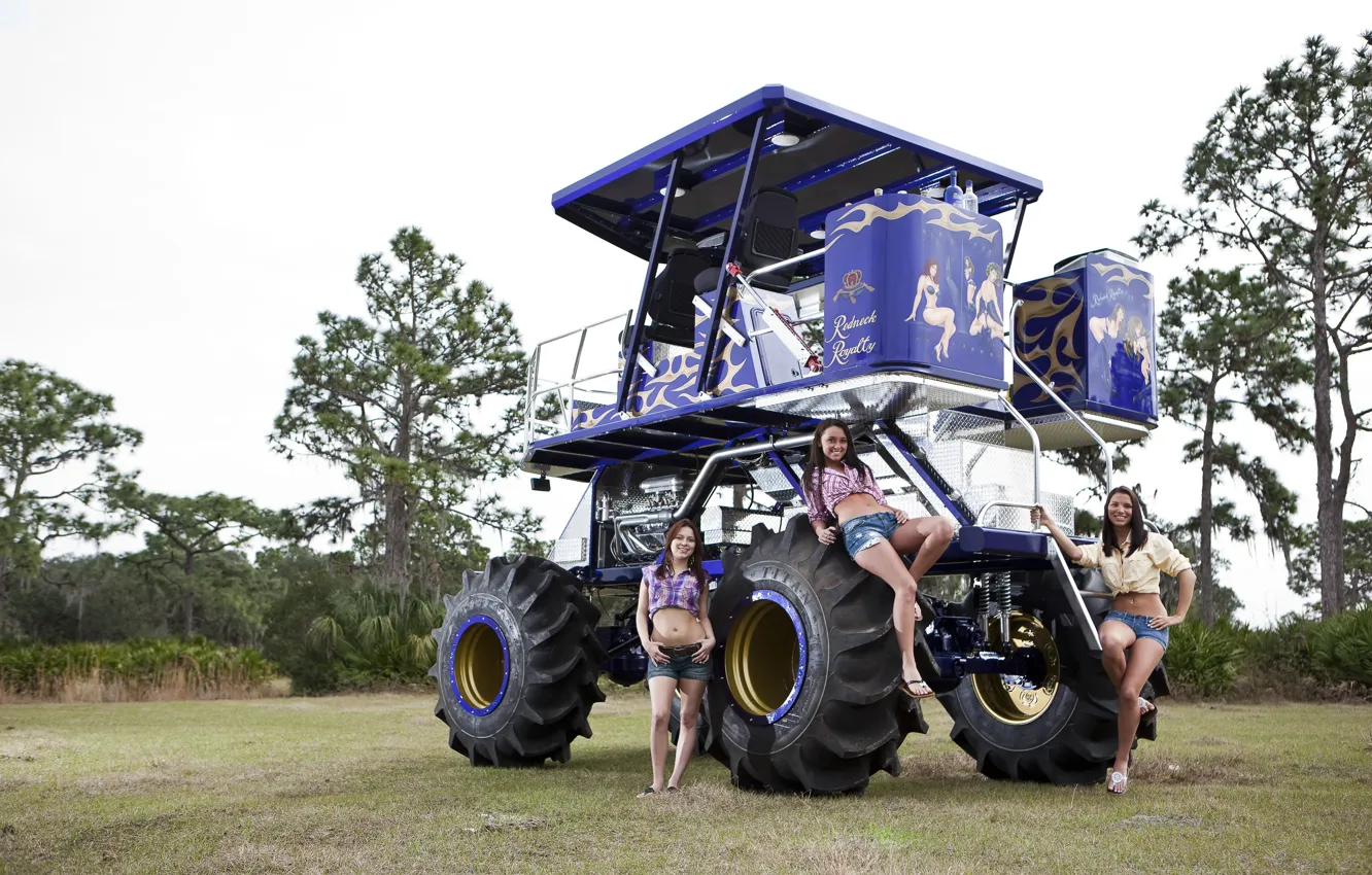 Photo wallpaper the sky, grass, girl, trees, converted tractor