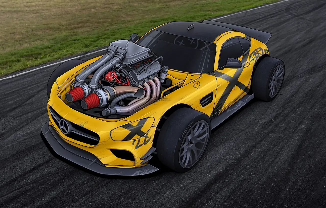 Photo wallpaper car, machine, auto, yellow, engine, figure, Mercedes, art