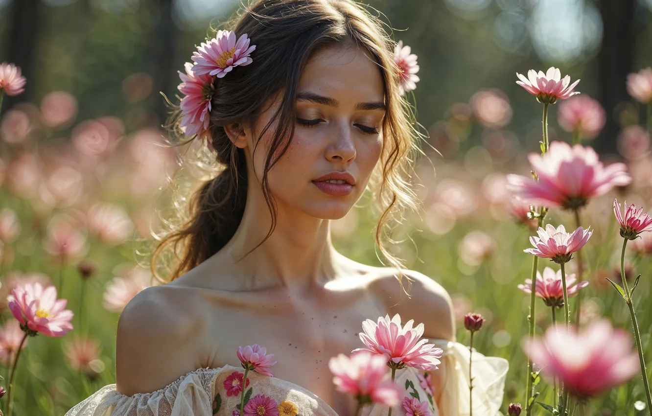 Photo wallpaper field, summer, girl, light, flowers, portrait, dress, hairstyle