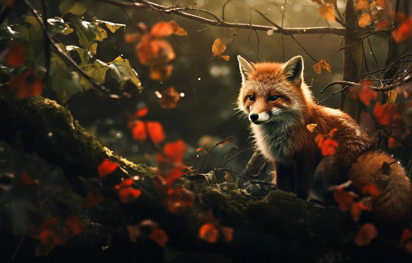 Photo wallpaper autumn, forest, drops, light, trees, branches, the dark background, foliage