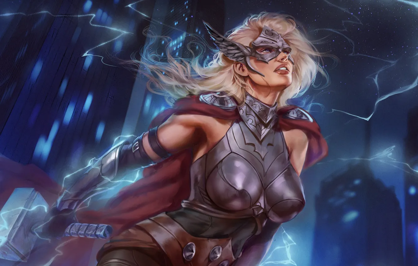 Photo wallpaper girl, Marvel, Thor, Thunder, Hammer, Jane Foster, Mjollnir