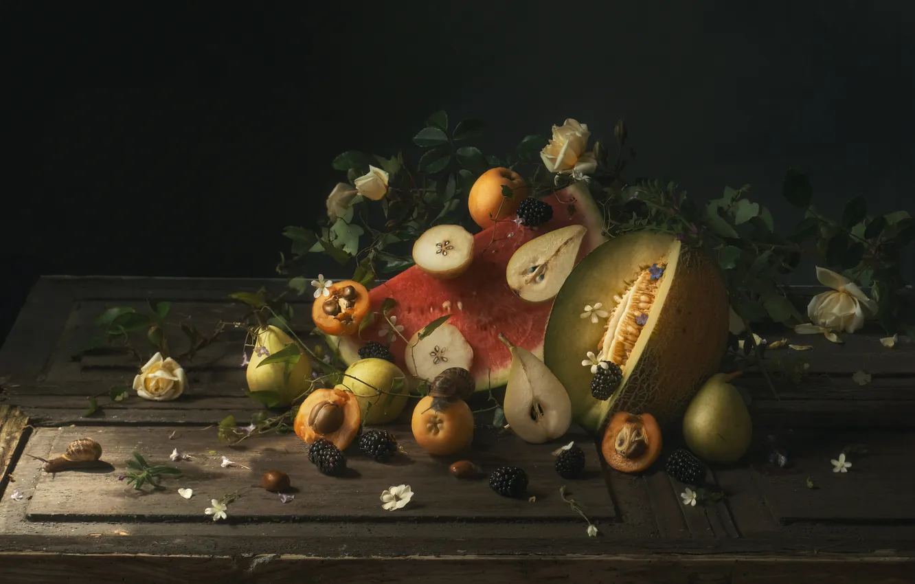 Photo wallpaper flowers, berries, roses, watermelon, fruit, still life, pear, BlackBerry