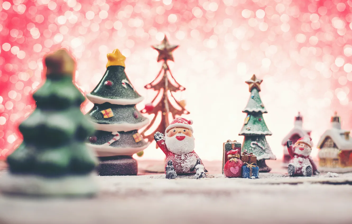 Photo wallpaper toys, Christmas, gifts, New year, Santa Claus, bokeh, Christmas decorations, Christmas trees
