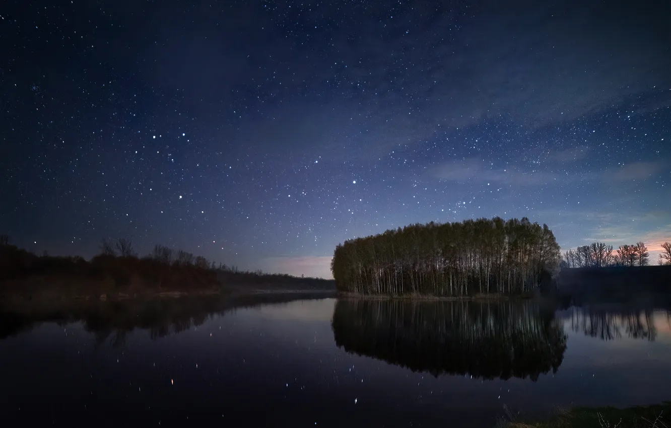 Photo wallpaper the sky, stars, island, the reflection in the water, water surface, Pavel Abakumov, Night Lake