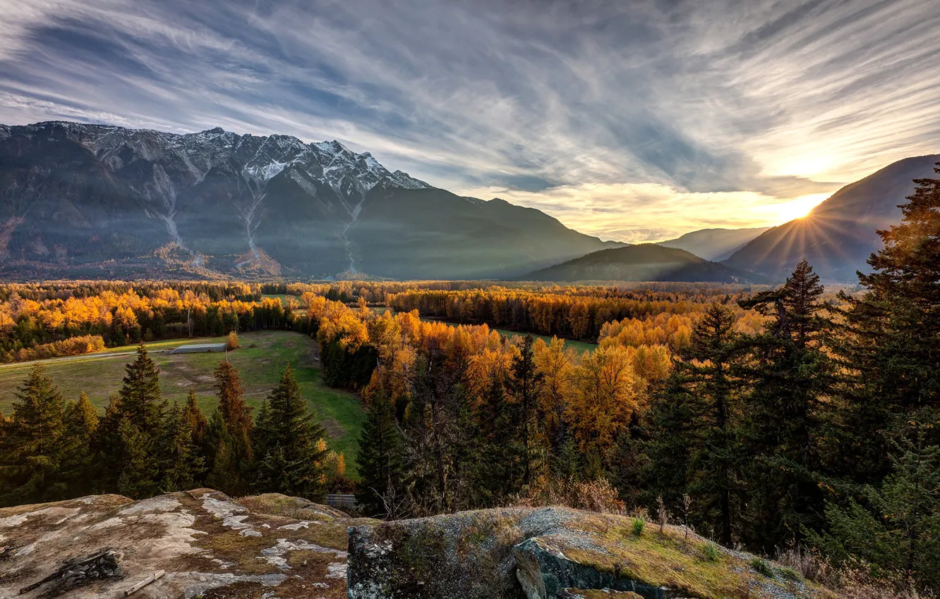 Photo wallpaper autumn, forest, sunset, mountains, valley, Canada, Canada, British Columbia