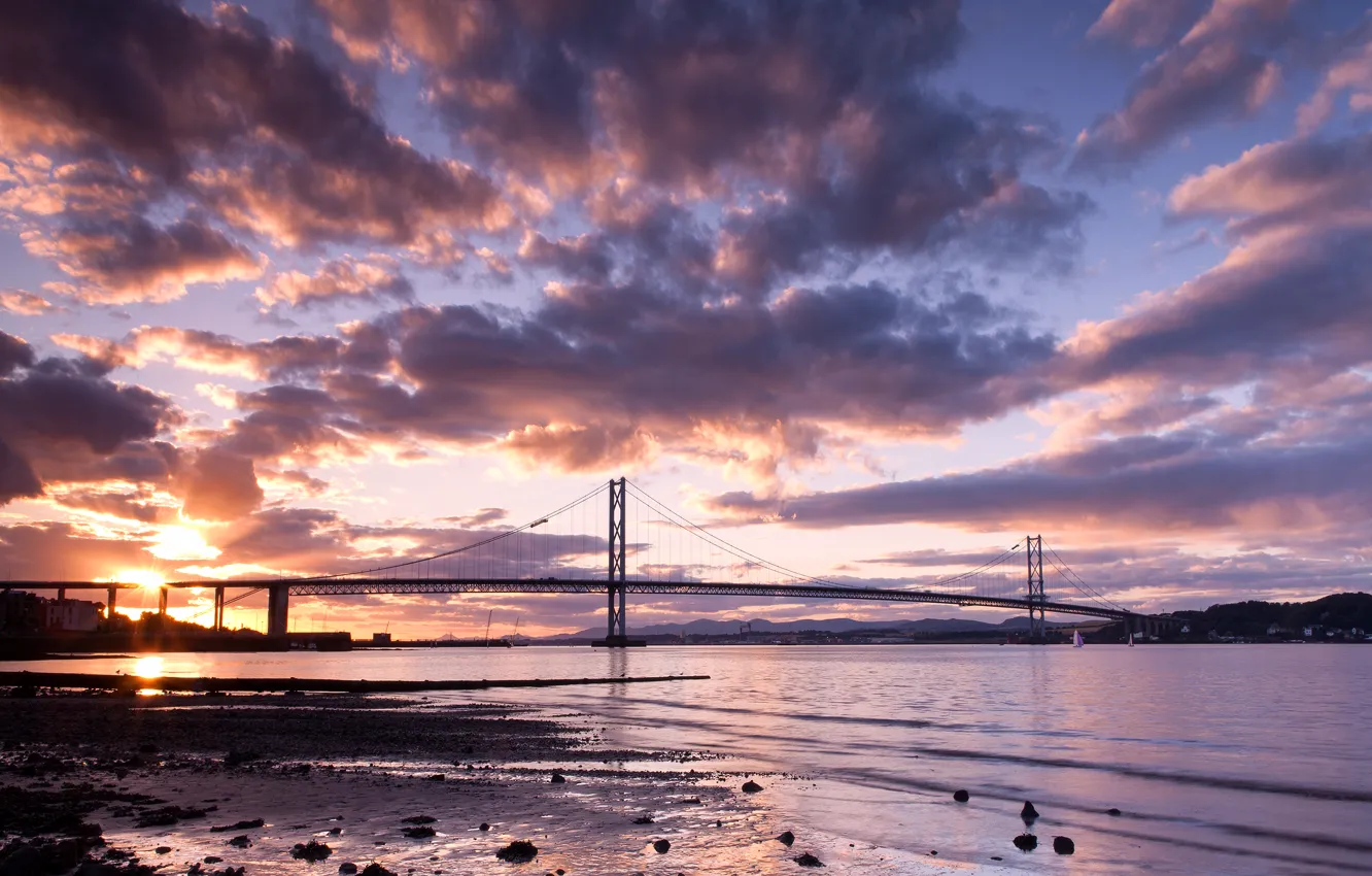 Photo wallpaper the sky, clouds, landscape, sunset, bridge, nature, river, Scotland