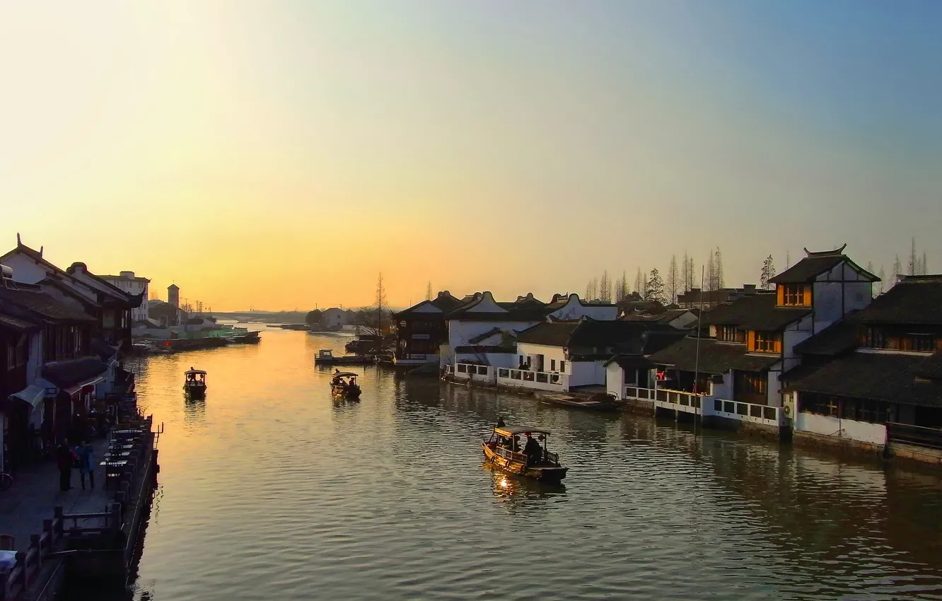 Photo wallpaper river, dawn, wooden boats, wooden houses, Chinese boats, houses on the water