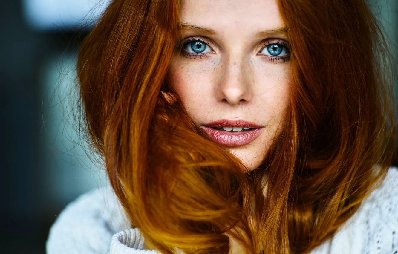 Photo wallpaper look, face, hair, portrait, red, blue eyes, redhead, blue-eyed