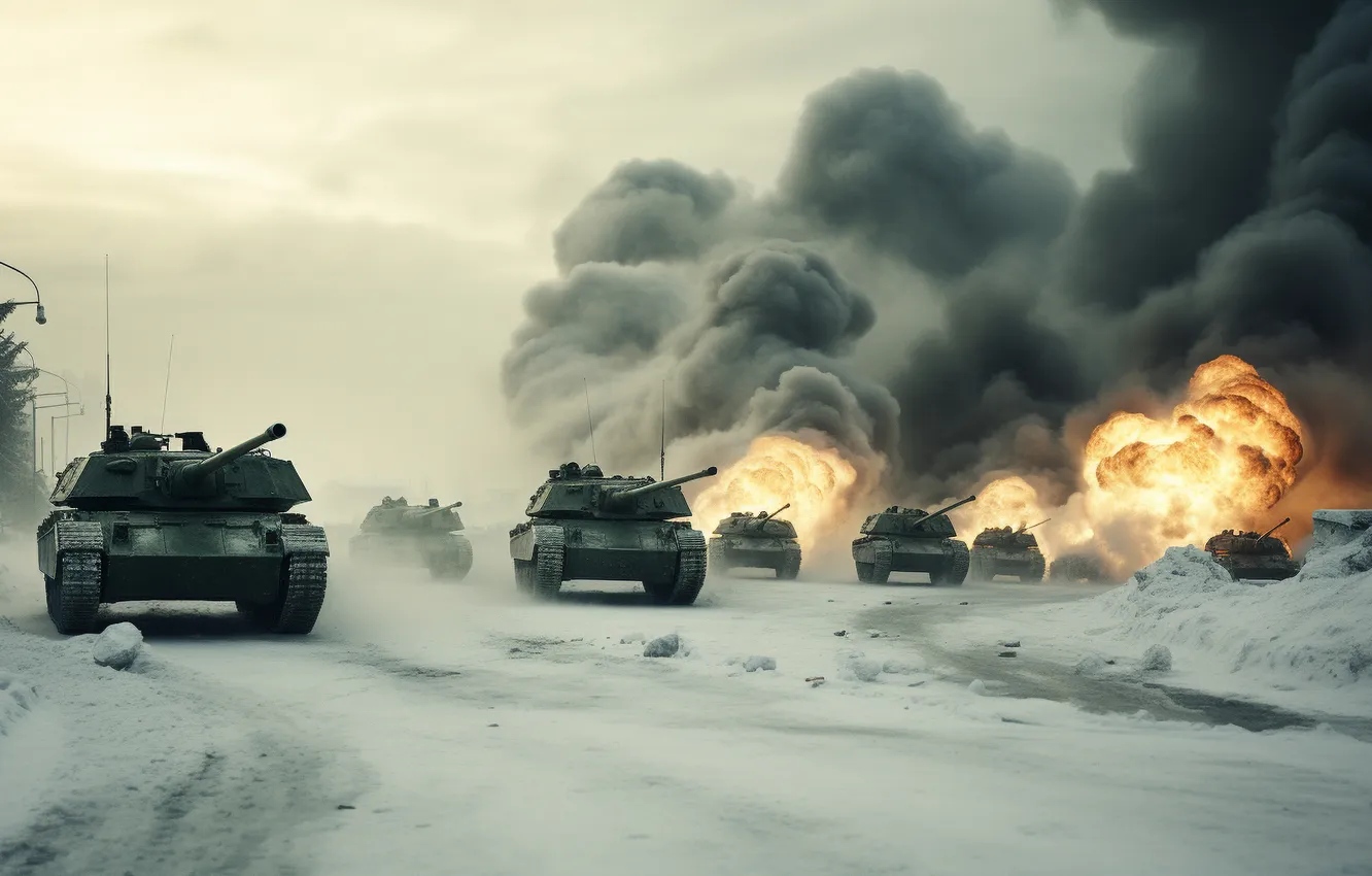 Photo wallpaper winter, snow, lights, smoke, tank, digital art, AI art, The Art of Artificial Intelligence