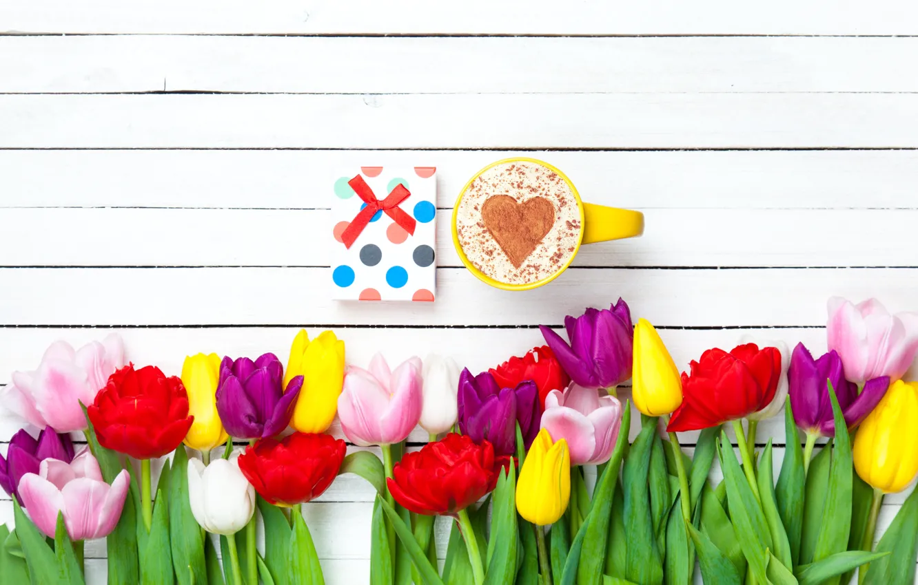 Photo wallpaper flowers, heart, colorful, tulips, heart, wood, cup, romantic