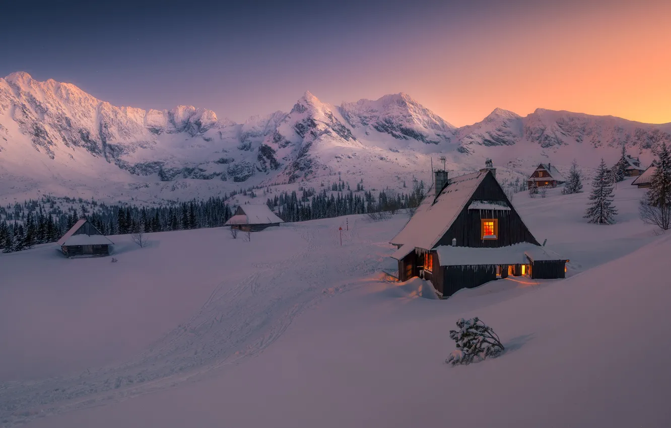 Photo wallpaper winter, snow, mountains, hut, winter, mountains, snow, hut