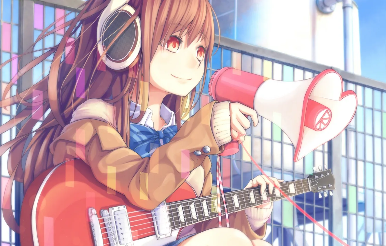 Photo wallpaper girl, guitar, anime, headphones, art, loudspeaker, dararito