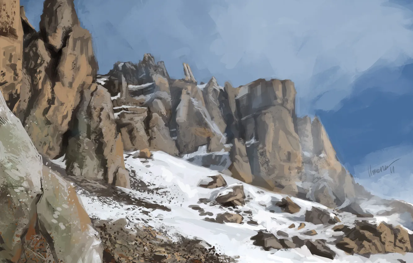 Photo wallpaper cold, snow, mountains, stones, rocks, art