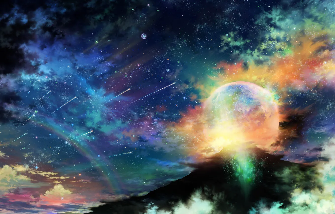 Photo wallpaper the sky, stars, clouds, night, planet, mountain, rainbow, art