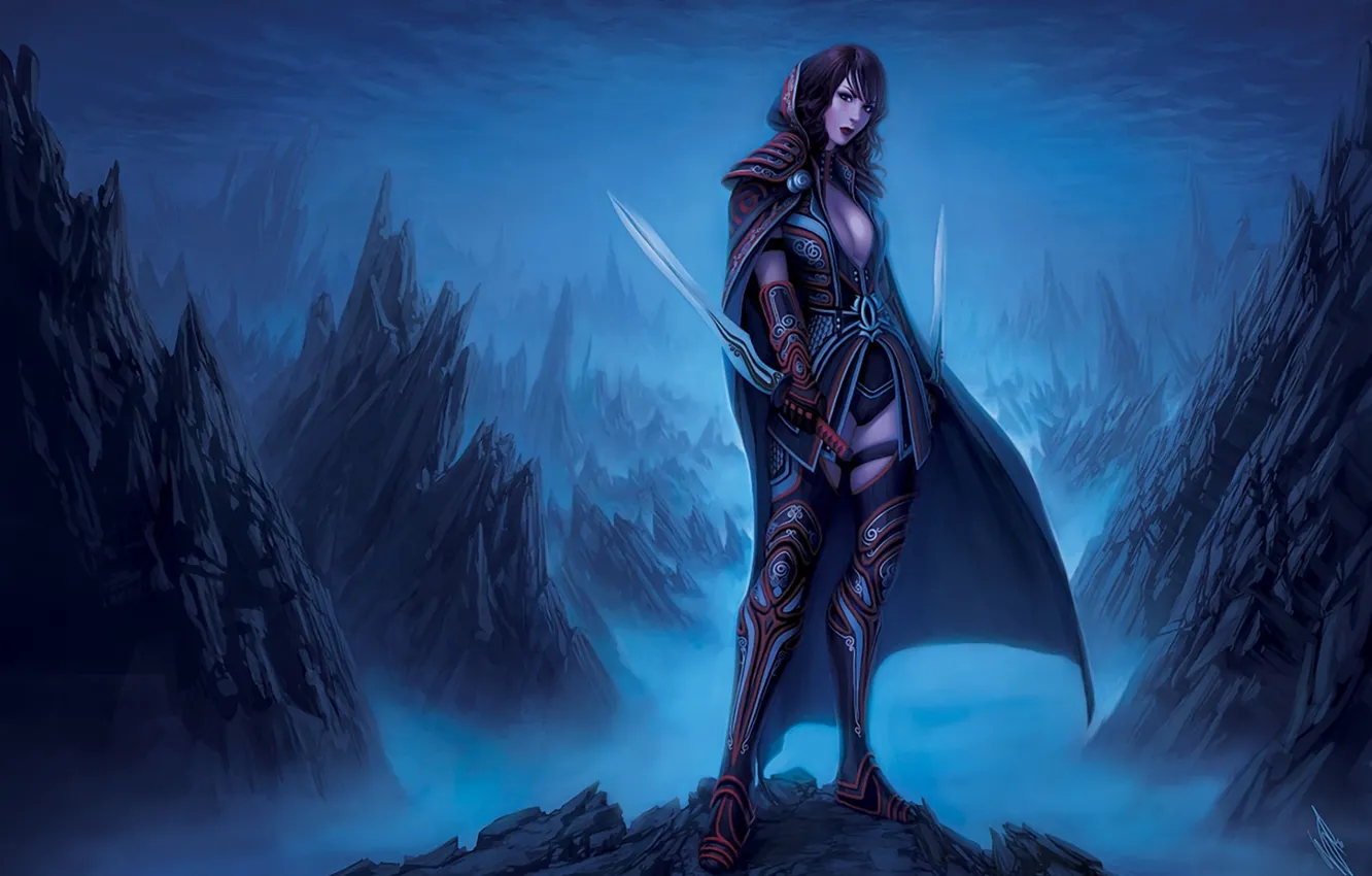 Photo wallpaper girl, mountains, clouds, weapons, rocks, art, cloak, gloomy