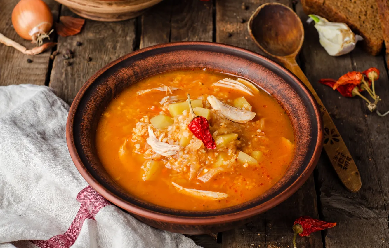 Photo wallpaper spoon, soup, pepper, bowl