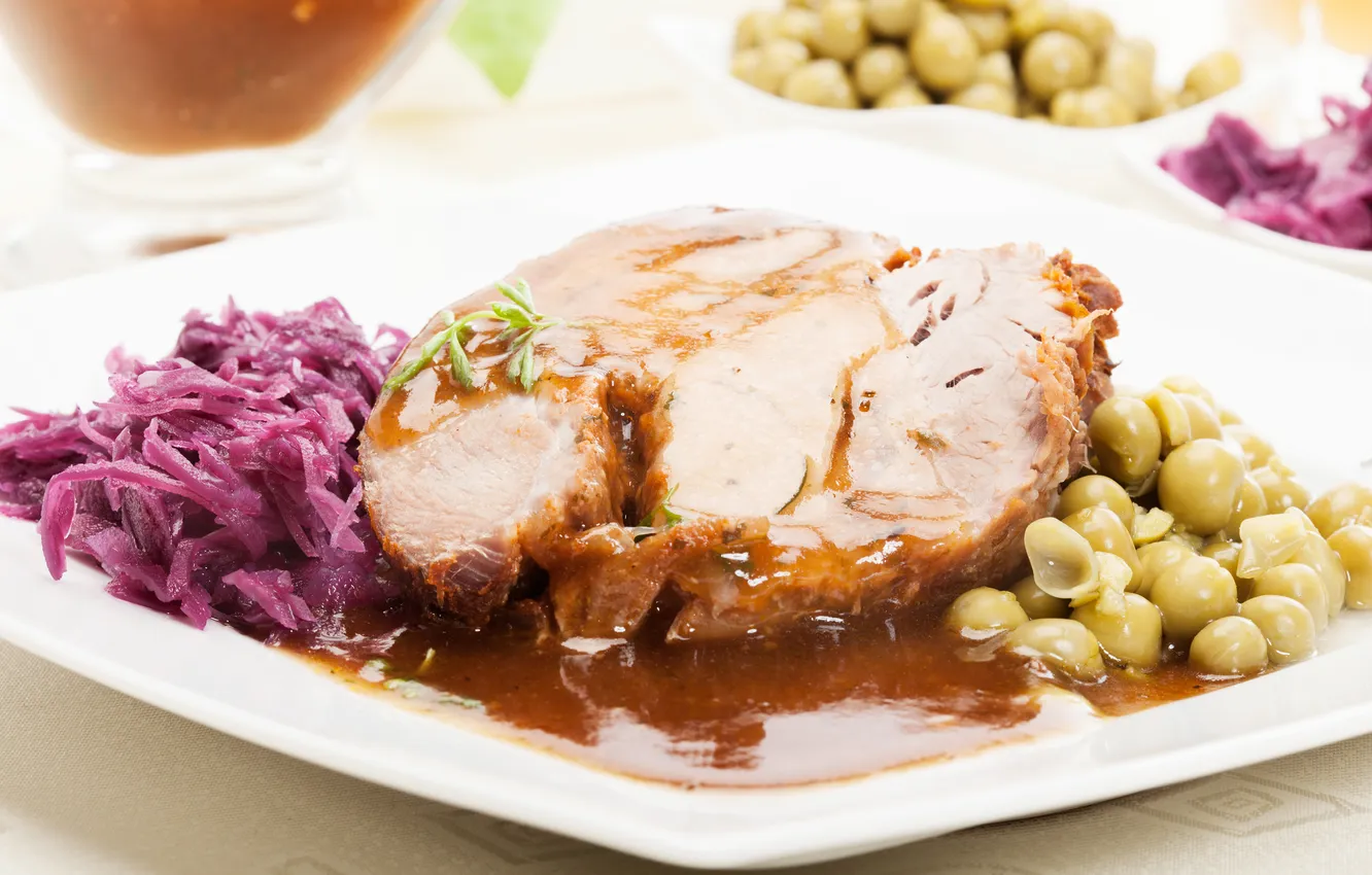 Photo wallpaper sauce, baked meat, meat dish, vegetable salad, green peas