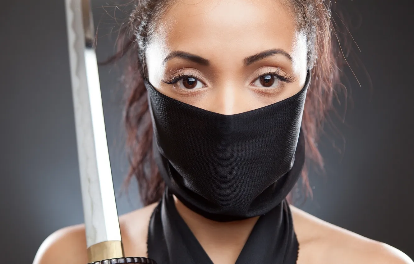 Photo wallpaper eyes, look, face, sword, katana, scarf, ninja